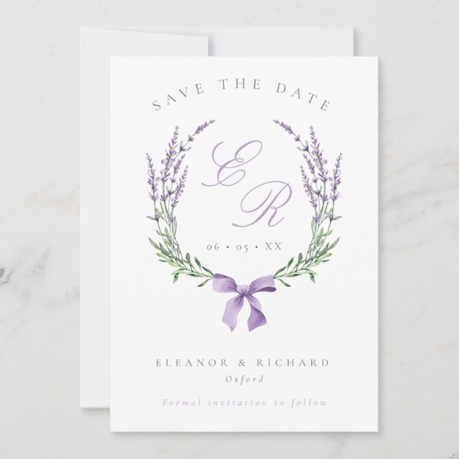 Save The Date Mariage de couronnes et de monogrammes de lavande (Devant)