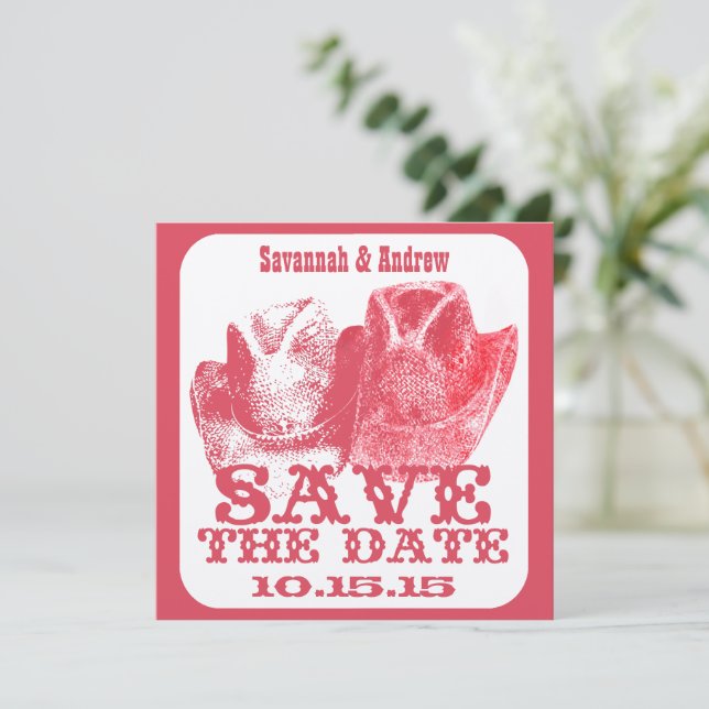 Save The Date Mariage de cowboy rose de l'Ouest Sauvez la date (Debout devant)