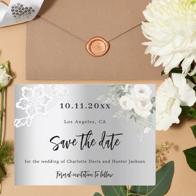 Save The Date Mariage de dentelle blanc argenté (Créateur téléchargé)
