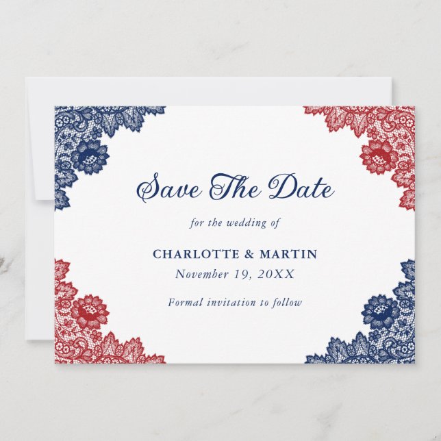 Save The Date Mariage de dentelle bleu et rouge (Devant)