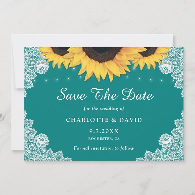 Save The Date Mariage de dentelle de tournesol Turquoise rustiqu (Devant)