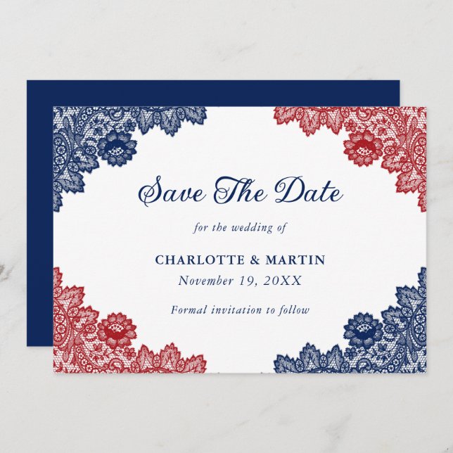 Save The Date Mariage de dentelle florale bleu et rouge rustique (Devant / Derrière)