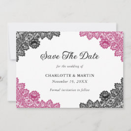 Save The Date Mariage de dentelle florale rose chaud et noir