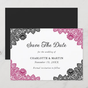 Save The Date Mariage de dentelle florale rose chaud et noir