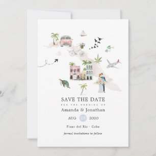 Save The Date Mariage de destination à Cuba à l'aquarelle
