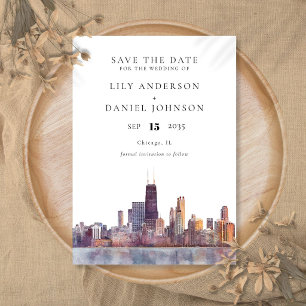 Save The Date Mariage de destination aquarelle sur la skyline de