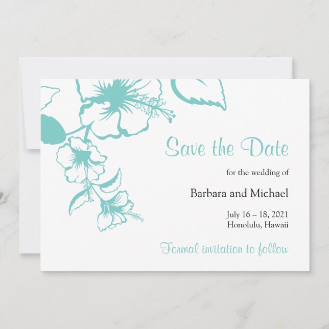 Save The Date Mariage de Destination Fleur d'Hibiscus Turquoise (Devant)