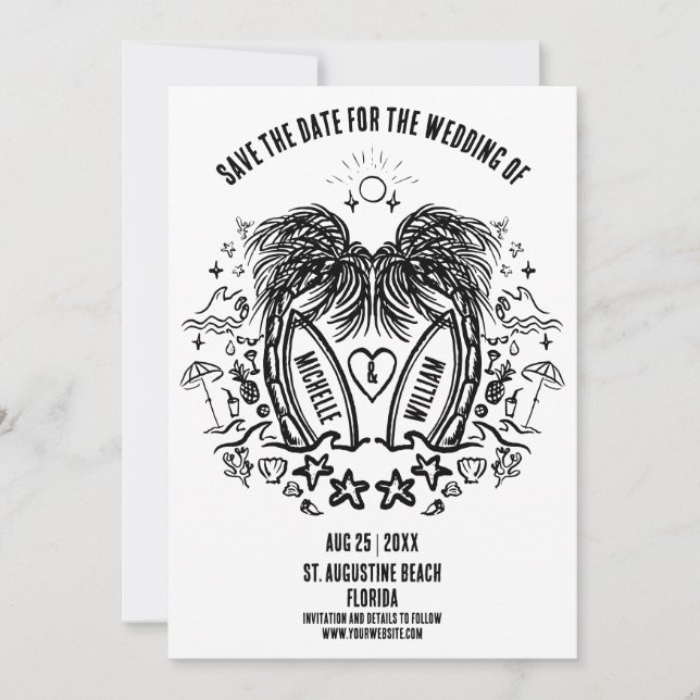 Save The Date Mariage de Doodle de Palm Beach à main lunaire (Devant)