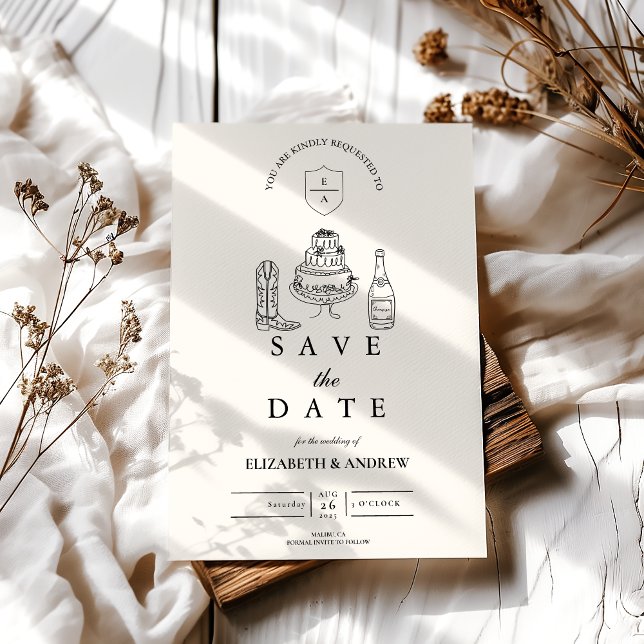 Save The Date Mariage de doodle occidental à main blanche noire (Créateur téléchargé)