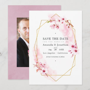 Save The Date Mariage de fleur de cerisier rose géométrique de p