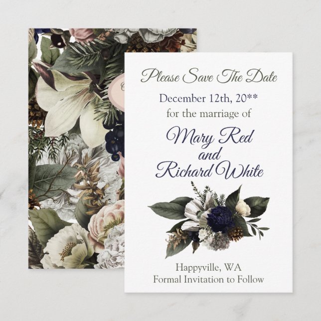 Save The Date Mariage de Fleur de Conifère d'Hiver Navy Crème Pi (Devant / Derrière)
