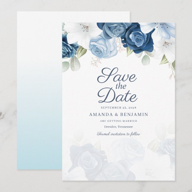 Save The Date Mariage de fleurs bleu foncé (Devant / Derrière)