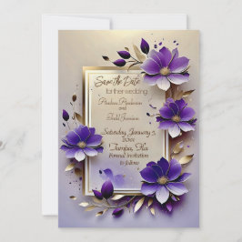 Save The Date Mariage de fleurs pourpres de feuille d'or