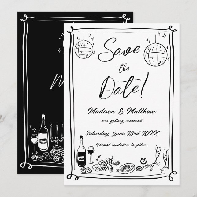 Save The Date Mariage de gribouillis à main ironique (Devant / Derrière)