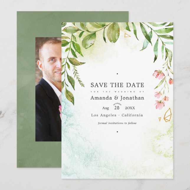 Save The Date Mariage de jardin de verdure de cristal géométriqu (Devant / Derrière)