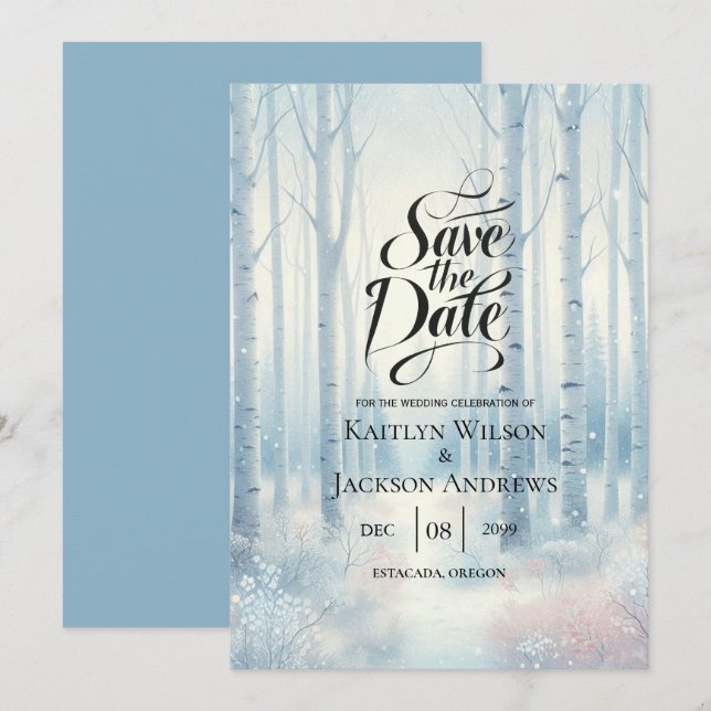 Save The Date Mariage de la forêt de bouleau bleu givré (Devant / Derrière)