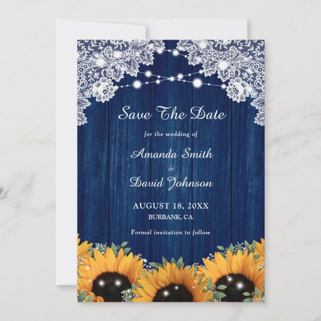 Save The Date Mariage de la marine Blue Sunflower Eucalyptus (Devant)