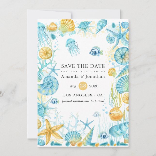 Save The Date Mariage de la vie marine bleu et jaune (Devant)