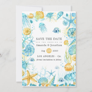 Save The Date Mariage de la vie marine bleue et jaune