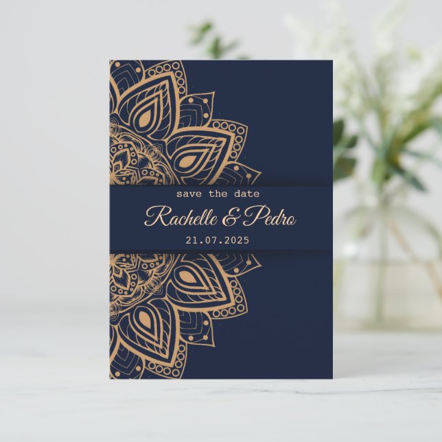 Save The Date Mariage de Luxe Or Bleu Élégant (Debout devant)