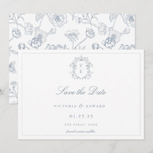Save The Date Mariage de monogramme de crête bleu poussiéreux