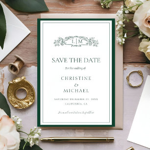 Save The Date Mariage de monogramme de crête botanique Emerald G