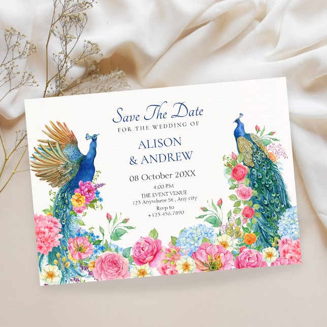 Save The Date Mariage de paon d'oiseau floral (Créateur téléchargé)