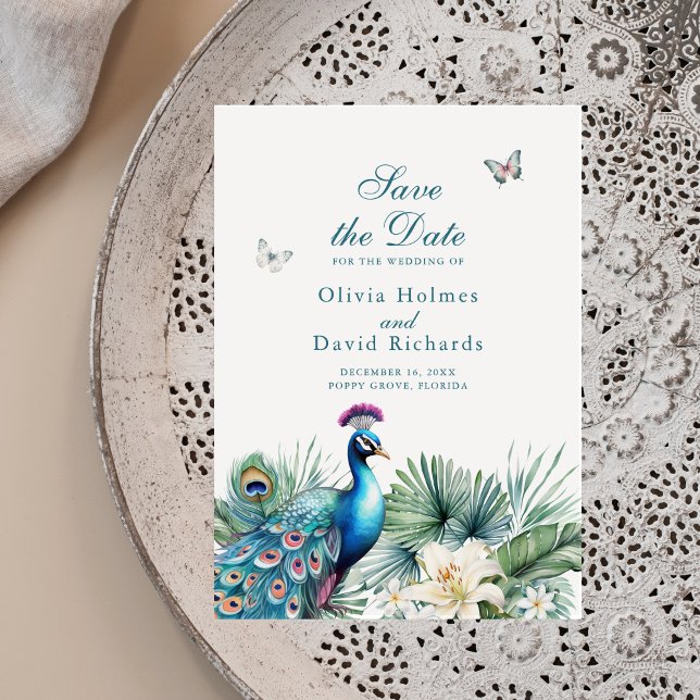 Save The Date Mariage de paon tropical turquoise Enregistrer la  (Teal Tropical Peacock Wedding Save the Date Card on a neutral boho plate.)