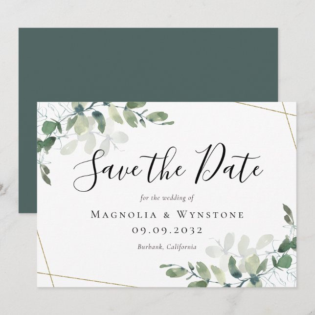 Save The Date Mariage de Parties scintillant or Eucalyptus Water (Devant / Derrière)