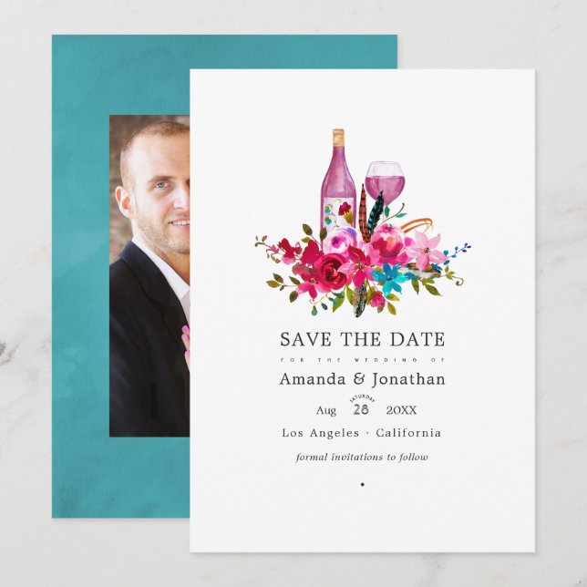 Save The Date Mariage de photo de dégustation de vin floral Boho (Devant / Derrière)