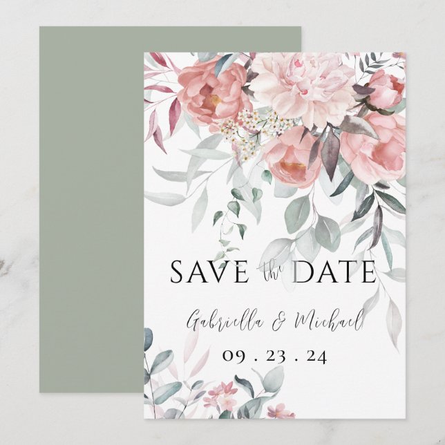 Save The Date Mariage de pivoine de verdure à l'aquarelle rose (Devant / Derrière)