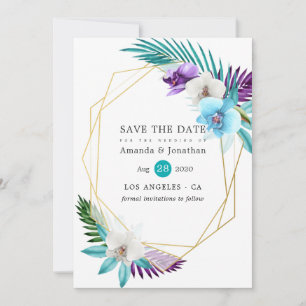 Save The Date Mariage de plage aux orchidées tropicales géométri