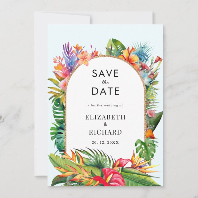Save The Date Mariage de plage fleurie Feuille tropicale (Devant)