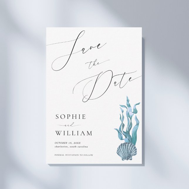 Save The Date Mariage de plage océanique coquillage bleu côtier  (Créateur téléchargé)