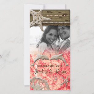 Save The Date Mariage de plage Photocard Dolphins Coral Shells