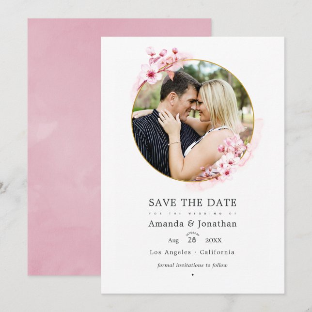 Save The Date Mariage de printemps à fleur de cerisier rose géom (Devant / Derrière)