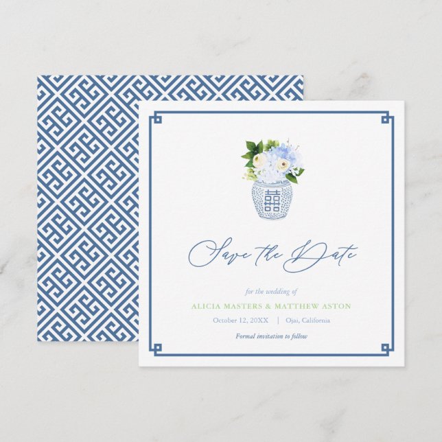 Save The Date Mariage de printemps bleu marine vert classique en (Devant / Derrière)