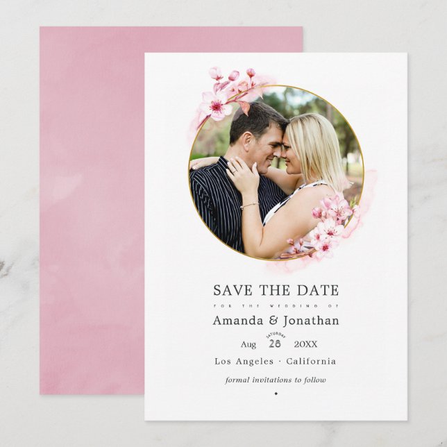 Save The Date Mariage de printemps de fleur de cerisier rose géo (Devant / Derrière)
