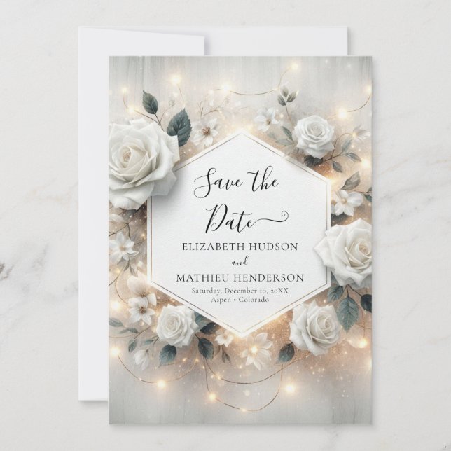 Save The Date Mariage de roses blanches chic et imprimable (Devant)