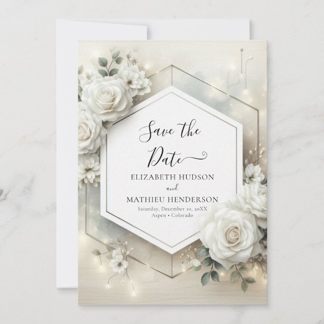 Save The Date Mariage de roses blanches classiques (Devant)