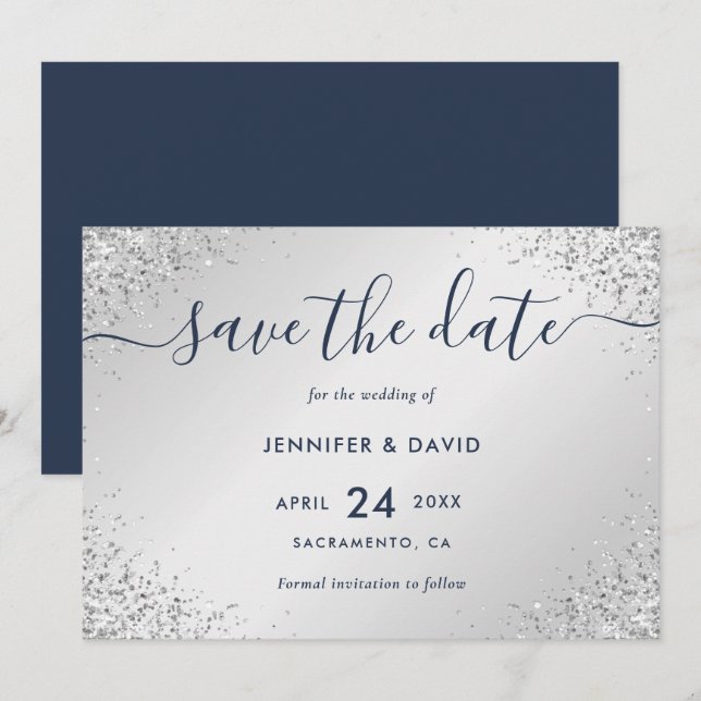 Save The Date Mariage de script de Parties scintillant bleu mari (Devant / Derrière)