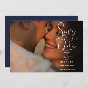 Save The Date Mariage de script élégant Navy Blue 2 Photo