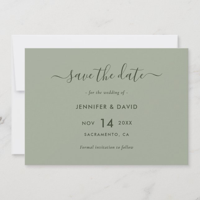 Save The Date Mariage de script élégant Sage Green (Devant)