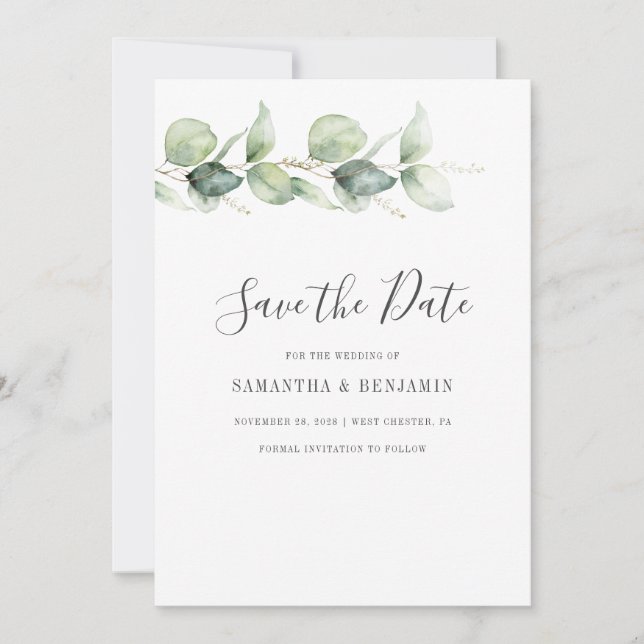 Save The Date Mariage de script Eucalyptus Greenery (Devant)