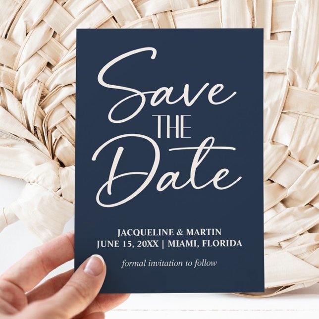 Save The Date Mariage de script lettres à main bleue marine (Navy blue and white wedding Save the Date photo card)