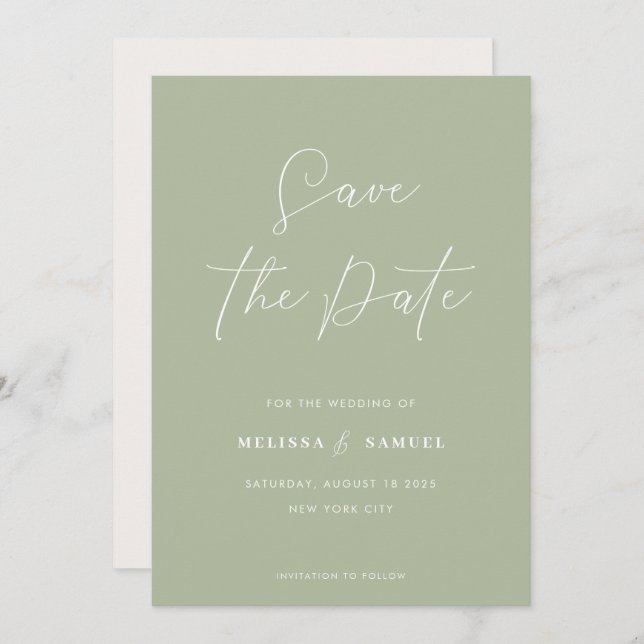 Save The Date Mariage de script manuscrit moderne Sage Green (Devant / Derrière)