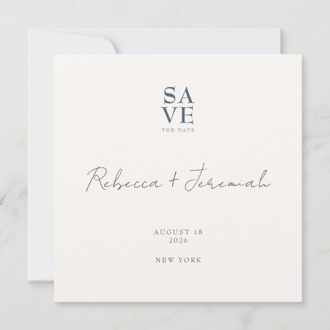 Save The Date Mariage de script minimal gris bleu sophistiqué (Devant)