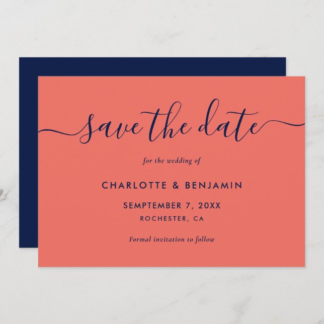 Save The Date Mariage de script moderne marine bleu et corail (Devant / Derrière)