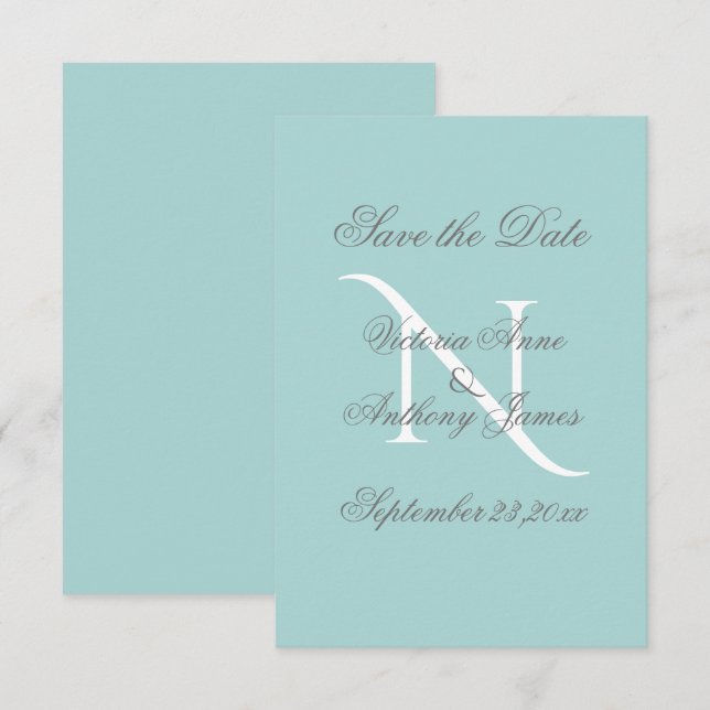 Save The Date Mariage de script Monogramme Blanc Bleu (Devant / Derrière)
