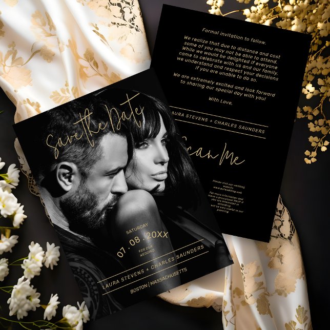 Save The Date Mariage de script or noir et blanc (Exquisite Black & White Golden Script Wedding Save the Date Card.)